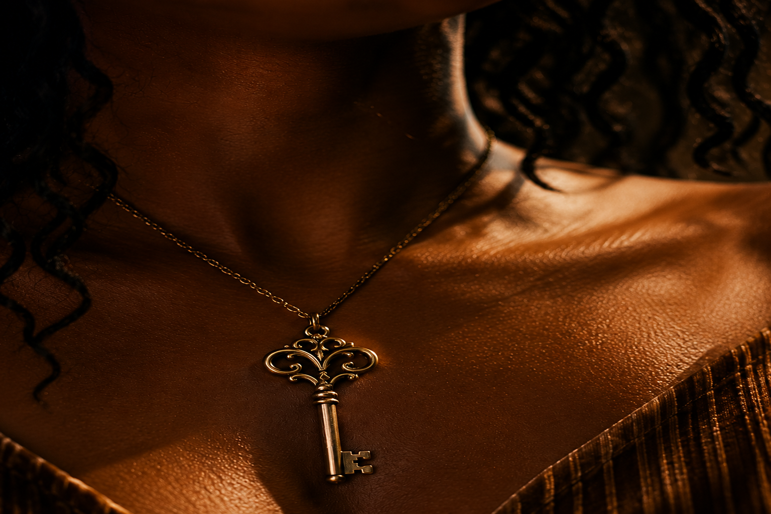 Ornate skeleton key necklace on a Black woman's collarbone
