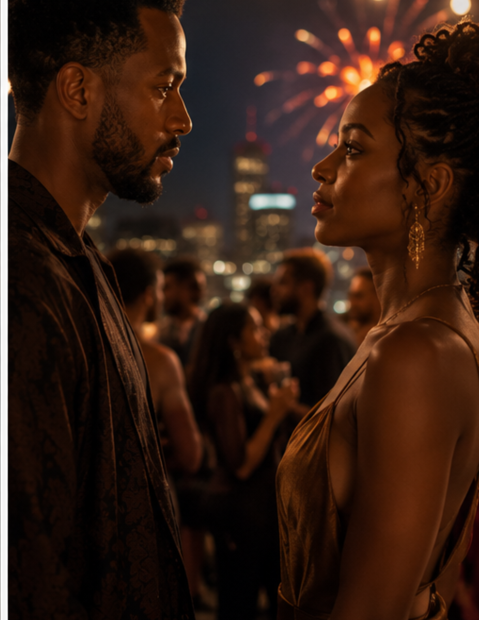Two people of the African diaspora meeting eyes across a rooftop party at night